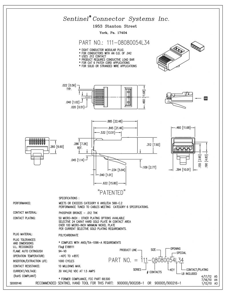 Sentinel Rj45 Jack Sentinel Cat6 UTP RJ45 Plug for 24AWG Cable - Bestronics